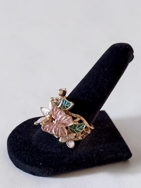 Vintage Fairycore Enamel & Crystal & Flower Butterfly Ring